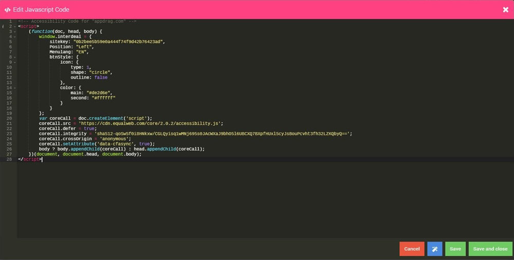 Installing the EqualWeb accessibility widget on AppDrag - step screenshot 4