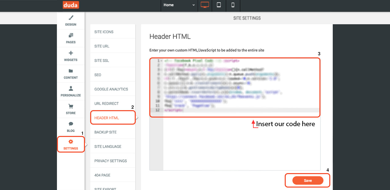 Installing the EqualWeb accessibility widget on Duda - step screenshot 1