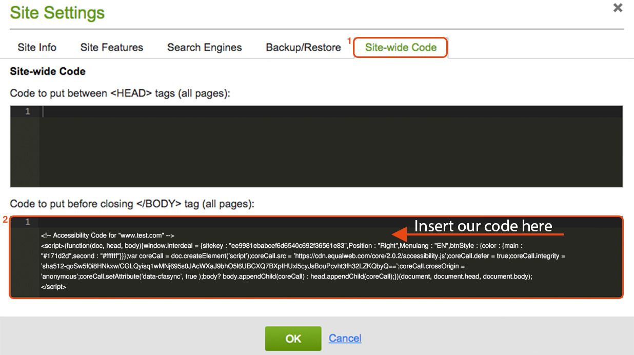 Installing the EqualWeb accessibility widget on GoDaddy - step screenshot 3