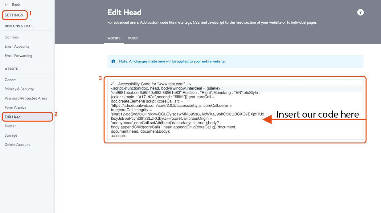 Installing the EqualWeb accessibility widget on Jimdo - step screenshot 1