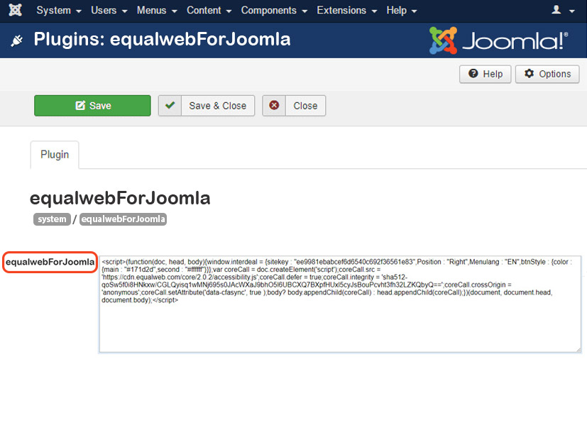 Installing the EqualWeb accessibility widget on Joomla - step screenshot 4